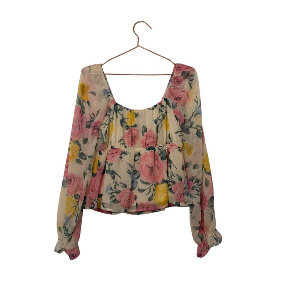 Forever 21 Floral Scoop-Neck Long Sleeve Blouse - Pink & Yellow on Cream - Picture 4 of 6